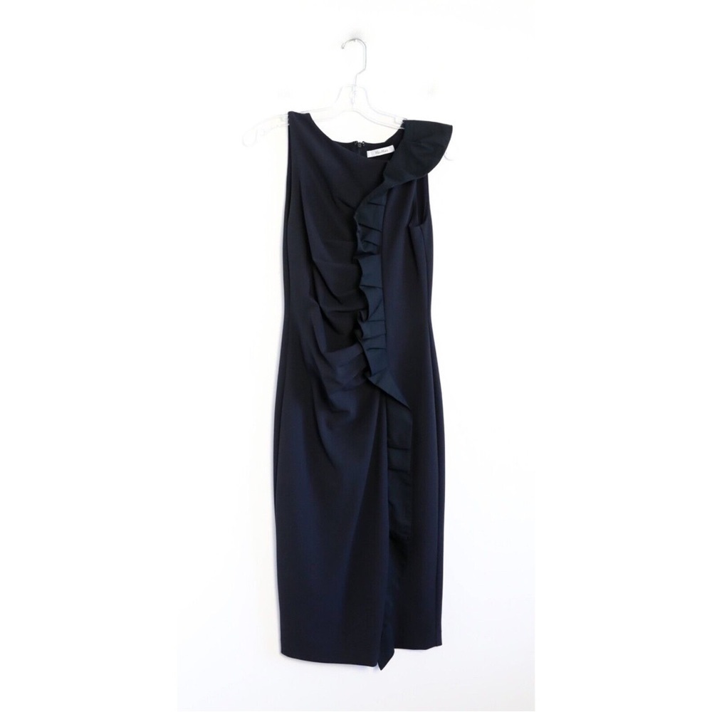 Max Mara dark blue black sheath dress ruffle front work career cocktail lbd S 4